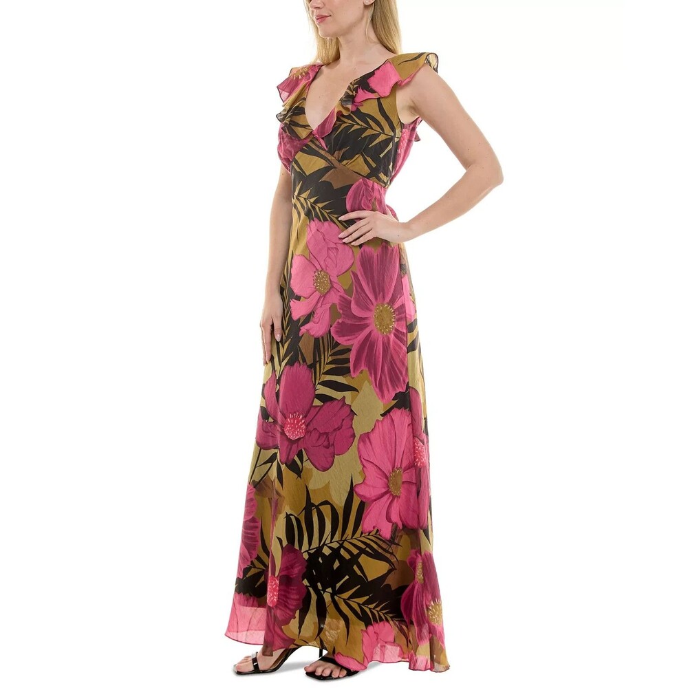 Taylor Women's Ruffled V-Neck Sleeveless A-Line Maxi Dress Taupe Fuchsia Size 2 - Picture 2 of 13